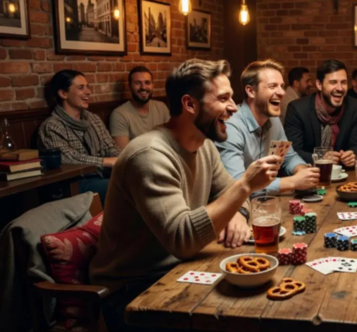 Goście NeatSpaceCollective rozmawiają przy stoliku z drinkami w przytulnej, nastrojowej przestrzeni.