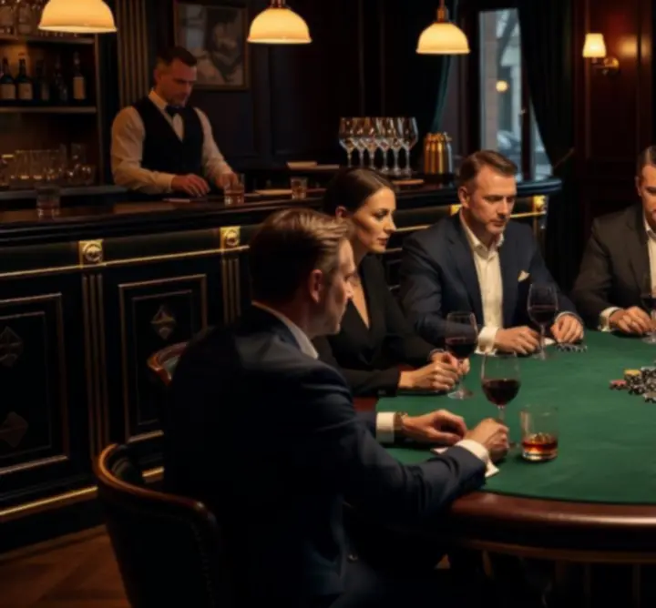 Kameralny wieczór pokerowy w NeatSpaceCollective z kartami i żetonami na stole w ciepłym świetle.