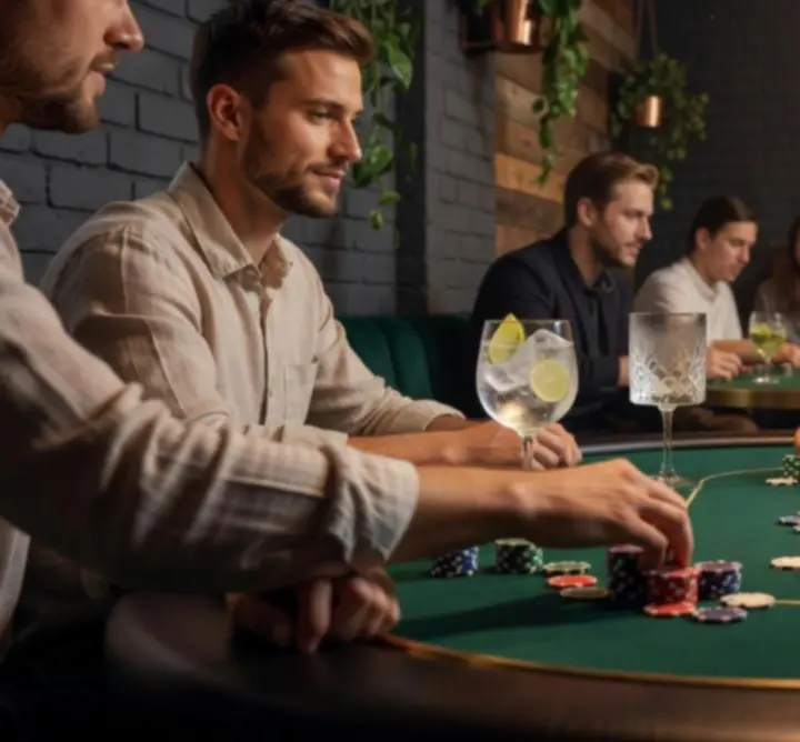 Scena z pokerowego wieczoru w NeatSpaceCollective – stół z kartami, żetonami i nastrojowym światłem w eleganckim wnętrzu.