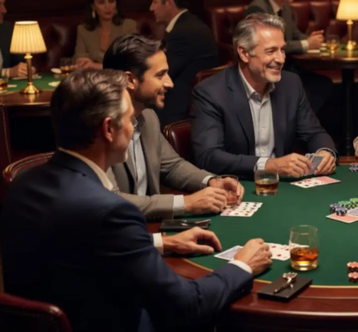 Nastrojowe ujęcie stołu pokerowego z kartami i żetonami w ciepłym świetle.