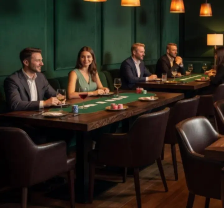 Wieczorna scena w eleganckim lokalu NeatSpaceCollective z ciepłym oświetleniem i przygotowanymi stolikami.