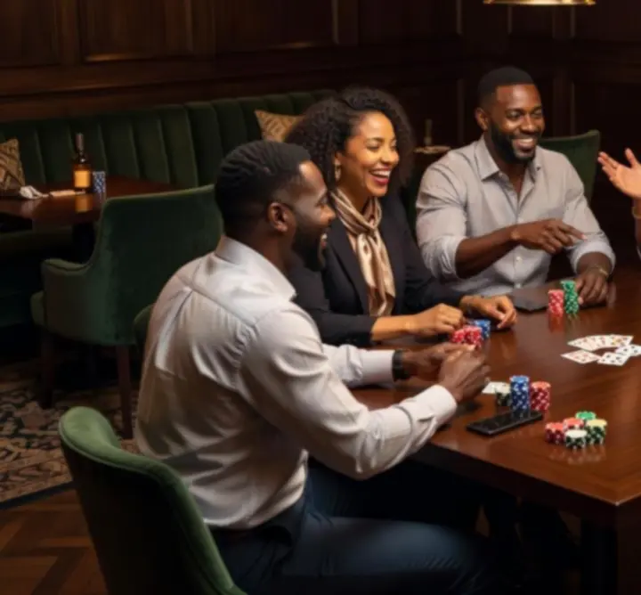 Grupa gości podczas wieczoru pokerowego w NeatSpaceCollective, rozmawiających i śmiejących się przy stole.