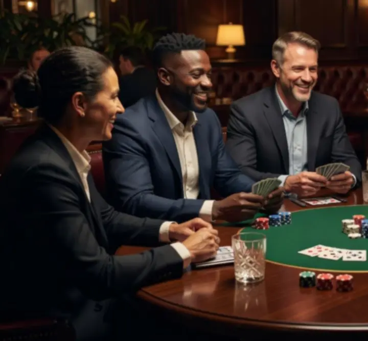 Stół pokerowy w NeatSpaceCollective z zebranymi kartami i żetonami, wokół których toczą się rozmowy.