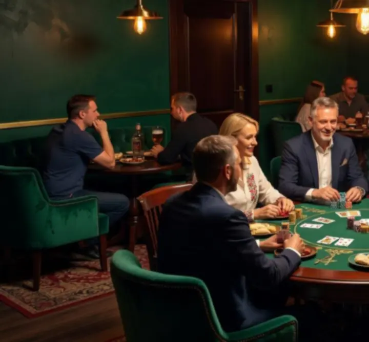 Stylowe wnętrze NeatSpaceCollective z rozświetlonym stolikiem pokerowym i gośćmi przy drinkach.